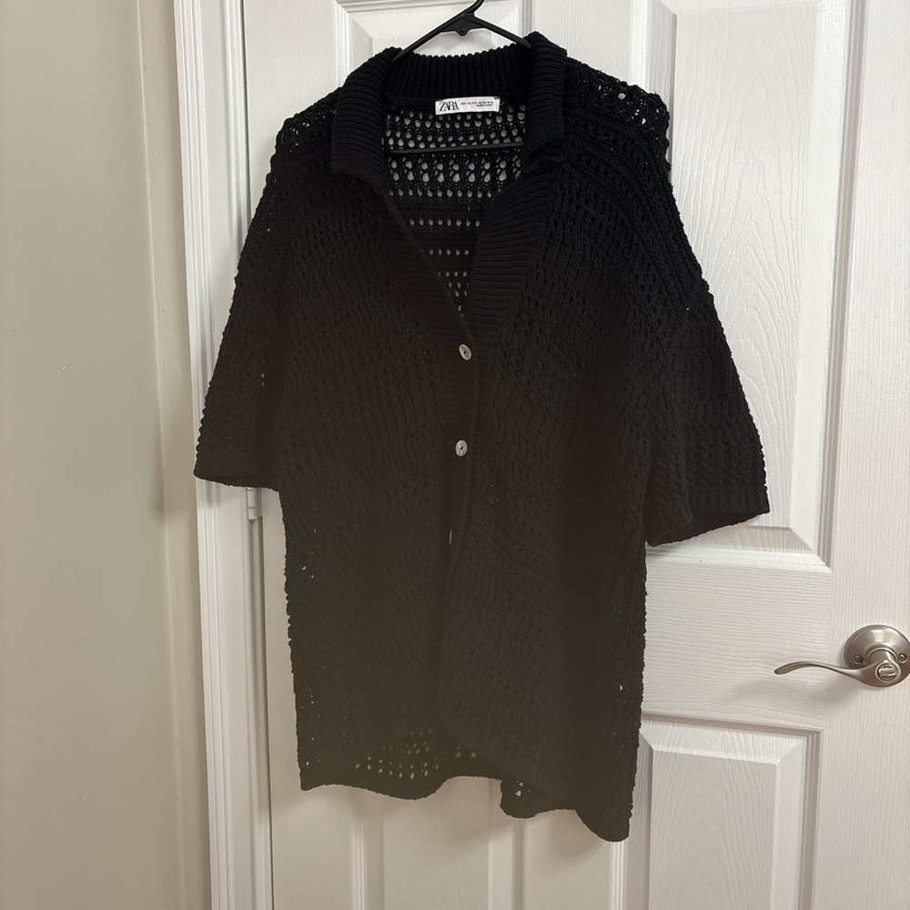 ZARA Black Open-Knit Short Sleeve Cardigan